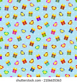 Cajas de regalo y corazones con arco de cinta. Fondo festivo vectorial sin problemas patrón de repetición. Plantilla modificable.