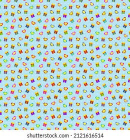 Giftboxes and hearts with ribbon bow. Vector festive background seamless repeating pattern. Editable template.