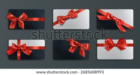Giftcard collection with red satin bow decorations on black and white cards for holiday presents. Elegant certificate templates with glossy ribbons and premium textures. Festive voucher designs.