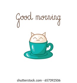 A giftcard with a cute white kitten happily sitting inside a coffee cup, with Good Morning lettering, sigle composition on a white background. Vector illustration.