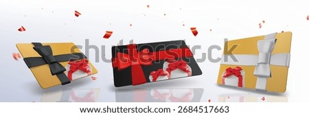 Giftcard designs with bow ribbons and festive confetti for holiday promotions or rewards. Gold, black and white floating cards with red decorations and gift boxes for holiday promo presentation.