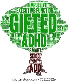 Gifted ADHD word cloud on a white background. 