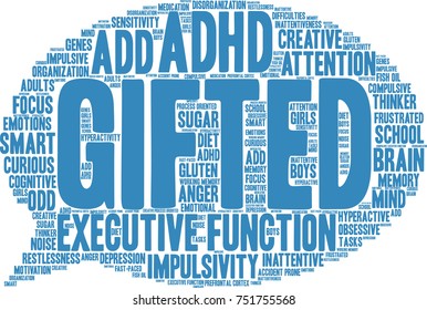 Gifted ADHD word cloud on a white background. 