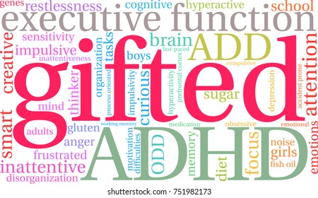 Gifted ADHD word cloud on a white background. 