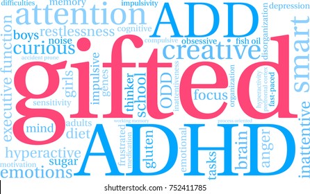 Gifted ADHD word cloud on a white background. 