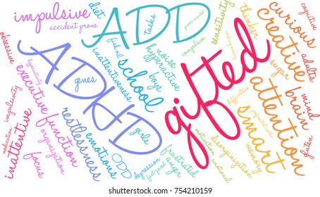 Gifted ADHD word cloud on a white background. 