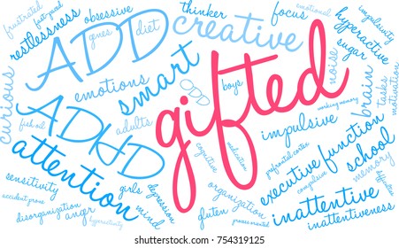 Gifted ADHD word cloud on a white background. 