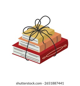 Gifted Book Set with Bow in Flat Design. Vector illustration of three stacked hardcover books in red, orange, and yellow tied together with a black string bow, flat design on white background
