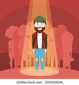 Gifted Hipster Man Standing In Spotlight Over Silhouette People Background