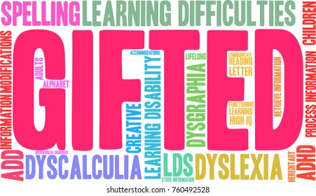 Gifted Learning Difficulties word cloud on a white background. 