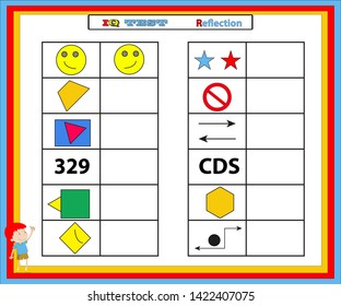 Gifted And Talented Worksheets,IQ test. Choose correct answer. Set of logical tasks composed of geometric shapes. Vector illustration.reflection test.