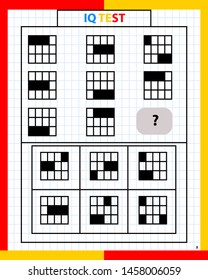 Gifted And Talented Worksheets,IQ test. Choose correct answer. Set of logical tasks composed of geometric shapes. Vector illustration.