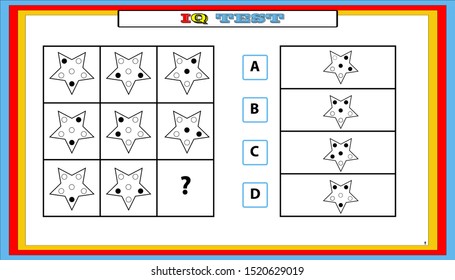 Gifted And Talented Worksheets,IQ test. Choose correct answer. Set of logical tasks composed of geometric shapes. Vector illustration.