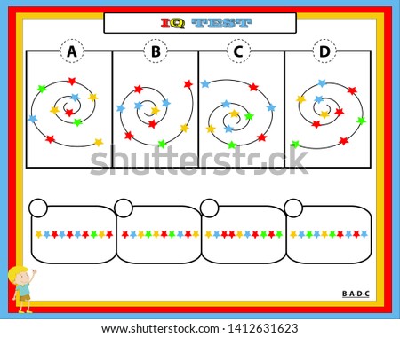 Gifted And Talented Worksheets,IQ test. Choose correct answer. Set of logical tasks composed of geometric shapes. Vector illustration. Answer is B-A-D-C.