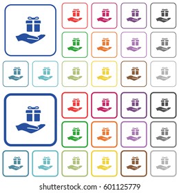 Gifting color flat icons in rounded square frames. Thin and thick versions included.