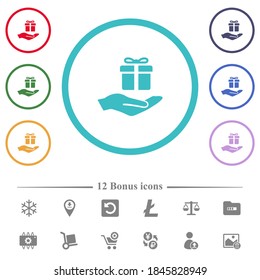 Gifting flat color icons in circle shape outlines. 12 bonus icons included.