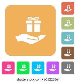 Gifting flat icons on rounded square vivid color backgrounds.