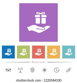 Gifting flat white icons in square backgrounds. 6 bonus icons included.