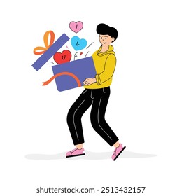 Gifting a heartfelt present to someone special, giving gift flat illustration