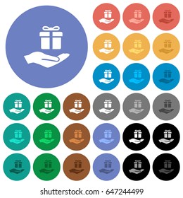 Gifting multi colored flat icons on round backgrounds. Included white, light and dark icon variations for hover and active status effects, and bonus shades on black backgounds.