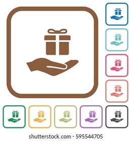 Gifting simple icons in color rounded square frames on white background