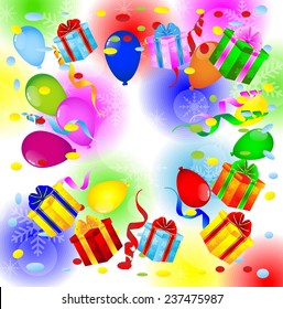 gifts and air marbles on a bright christmas background,  vector  illustration