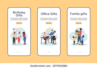 Regalos para cualquier ocasión a bordo de la pantalla plana de la aplicación móvil planetaria del vector. Sitio web de tutorial 3 pasos con caracteres. Creative UX, UI, interfaz de caricatura de smartphone GUI, configuración de impresión de casos