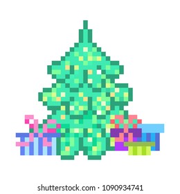 Gifts around illuminated christmas tree, 8 bit pixel art scene isolated on white background. Greeting card design for winter holidays. Advent calendar illustration. Xmas eve party invitation template.