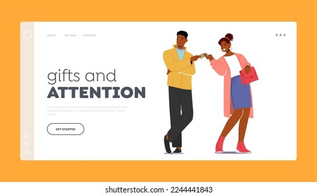 Gifts and Attention Landing Page Template. Dissatisfied Husband Gives Salary To His Wife. Man with Unhappy Grumpy Face Paying Money To Woman Friend or Girlfriend. Cartoon People Vector Illustration