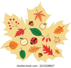 Gifts of autumn on a large maple leaf, vector illustration.
