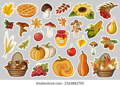 Gifts of autumn in stickers.Vector collection of stickers and decals with autumn fruits, mushrooms and leaves.