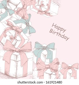 Gifts background. Holiday invitation design with presents. Greeting card