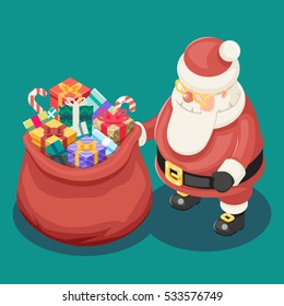 Gifts Bag Cute Isometric Christmas Santa Claus Grandfather Frost Box New Year Cartoon Flat Design Icon Template Vector Illustration