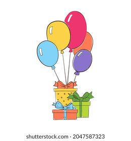 Gifts and balloons greeting banner. Vector illustration. Isolated over white background.