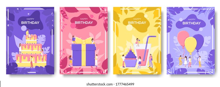 Gifts banners set vector. Flyer, magazines, poster, book cover, banners. invitation cards concept. Grain texture and noise effect. People character with items around gifts banners concept background