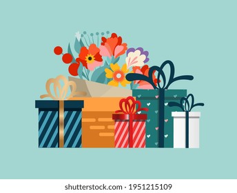 Gifts and basket with flowers holiday card. Vector illustration in flat style.