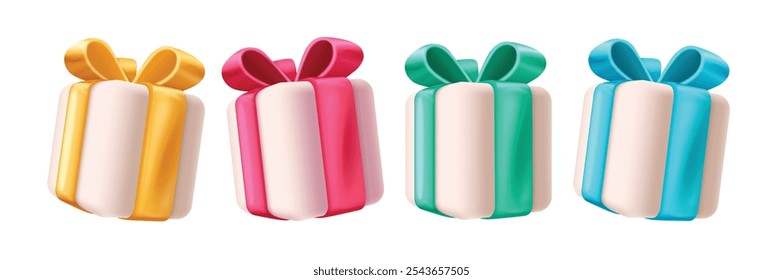 Gifts birthday vector set design. Birthday gift boxes in yellow, red, green and blue ribbon bow tie for party celebration elements collection. Vector illustration 3d gift box set. 
