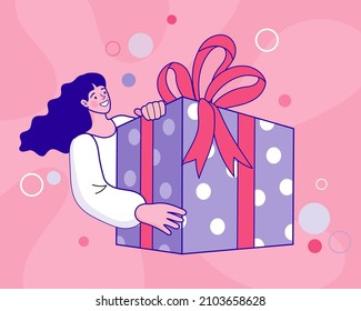 Gifts for Birthday,Valentine Day or Christmas New Year Holiday. Character feeling happy of receiving box with gift or online order delivered to home. holiday present in box. Friends made a surprise.