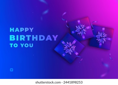 Gifts with blue and pink neon hues and Happy Birthday to you text on neon colorful surface.