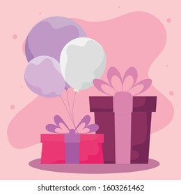 gifts with bowties and balloons design, Box present holiday christmas shopping birthday celebration decoration and surprise theme Vector illustration