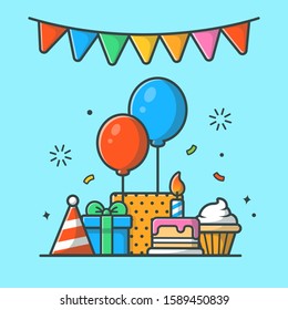 Gifts Box With Birthday Cake Party Vector Icon Illustration. Happy New Year, Birthday Icon Concept White Isolated. Flat Cartoon Style Suitable for Web Landing Page, Banner, Sticker, Background