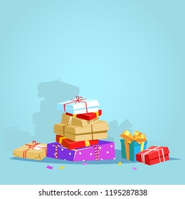 Gifts box for Christmas, birthday, anniversary. Christmas donate concept. Vector illustration a lot of present winter season charity