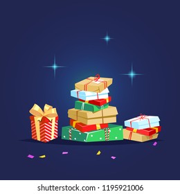 Gifts box for Christmas, birthday, anniversary. Christmas donate concept. Vector illustration a lot of present winter season charity