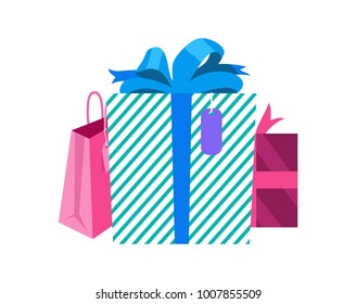 Gifts in box and packages, present with striped wrapping, tag and blue ribbon and bow on top, vector illustration isolated on white background