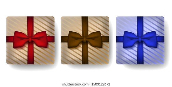 Gifts box in realistic 3d style set. Christmas Collection presents view top with bows in different color . For your design 