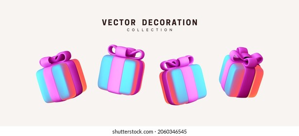 Gifts box. Set of realistic 3d design. Blue and purple hologram gradient. Holiday decoration presents. Festive gift surprise. Decor Isolated boxes. Vector illustration