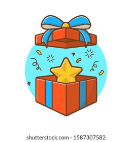 Caja De Regalos Con Ilustración De Icono Del Vector Estelar. Feliz Año Nuevo, El Concepto De Ícono Cumpleaños Blanco Aislado. Estilo de caricatura plano adecuado para la página de inicio web, pancarta, adhesivo, fondo