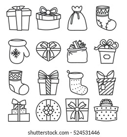 gifts boxes bags socks lineart cartoon design vector illustration