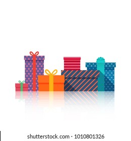 Gifts boxes Beautiful present box with bow. Gift box icon. Gift symbol. Christmas and happy new year gift box. Isolated vector illustration