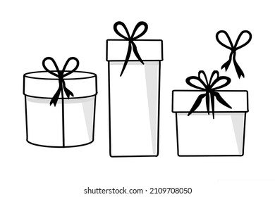 Regalos y cajas, en blanco y negro, arcos y cintas para embalar, sobre fondo blanco, para imprimir y diseñar